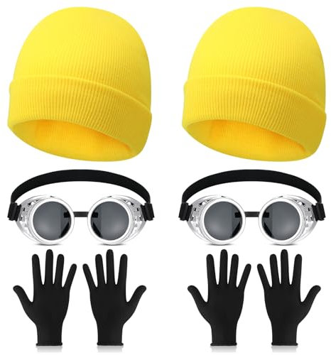Hestya 2 Sets Goggles Brille Gläser Karnevals Kostüm Zubehör Enthalten Steampunk Brille Gelbe Beanie Schwarze Handschuhe Geeignet Lustige Cartoon Figur mit Brillenaugen für Maskenball Cosplay