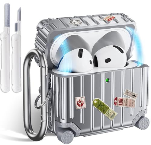 VISOOM Kompatibel mit Airpods 4th Generation Hülle, Cute Fashion Suitcase Design Soft TPU Protective Case für Airpods 4 pro Generation (2024) mit Reinigungsset, Silber