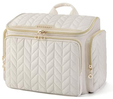 BAGSMART Travel Toiletry Bag, Large Wide-Open Travel Bag for Toiletries, Makeup Cosmetic Travel Bag with Handle, Beige