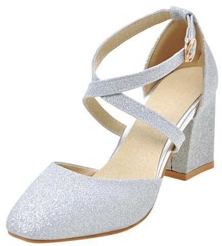 HSyc JRX Damen Glitzer Pumps mit Knöchelriemen und 7cm Blockabsatz High Heels Riemchen Schuhe Silber 38