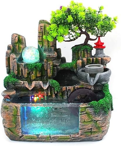 fennnds Zimmerbrunnen mit LED Beleuchtung und Nebel, 30 x 20 x 30cm, Garten Aquarium Harz Desktop Brunnen, Farbwechsel Springbrunnen für Wohnzimmer, Schlafzimmer, Büro und Studie Dekoration