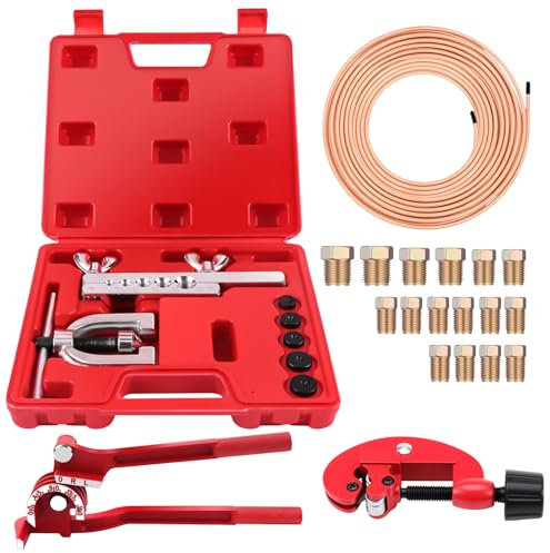 KAOLALI Kit Tuyau Frein Voiture, Ligne Frein en Acier Cuivré 7.6 M, Ø4,75mm, avec 16 Raccords + 4 Connecteurs, 3 en 1 Cintreuse Tube Cuivre, IdéAl pour Les SystèMes De Freinage Hydrauliques De Voiture