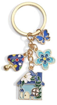 Tranbath Schlüsselanhänger Pilzhaus Für Mädchen, Viel Glück Im Neuen Zuhause, Einweihungsgeschenk Mit Schmetterling Und Blumen Anhänger, Perfekt Für Schulranzen Oder Rucksack, Haus-Dekor Für Paare