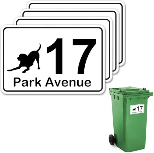4 x Customised Wheelie Bin Number and Address Stickers Self Adhesive with Personalised House Number and Street or Road Name Waterproof and Weatherproof Custom Bin Sticker 10x15cm Dog Theme Design