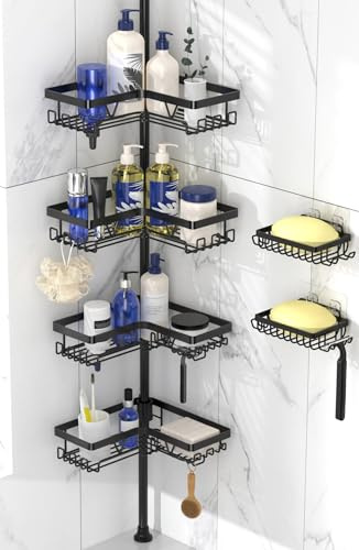 Deprik Telescopic Shower Caddy with 2 Soap Holders - Adjustable Corner Shower Caddy for Bathroom Corner or Over Bathtub, Extends 63.5-290cm(Black, Stainless Steel)
