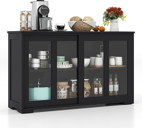 FANTASK Sideboard Holz, Küchenschrank mit Glasschiebetüren & höhenverstellbarem Regalbrett, Buffetschrank Aufbewahrungsschrank modern für Küche Esszimmer Wohnzimmer, Schwarz