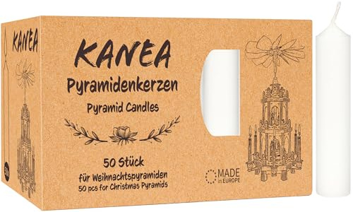 KANEA 50 Pyramidljus – Festliga Trädljus för Julpyramider – Vaxdekorationer för Julgranar, 7 cm Höga, 14 mm Diameter, Perfekta för en Mysig Julstämning med Mjuk Glans – Vita