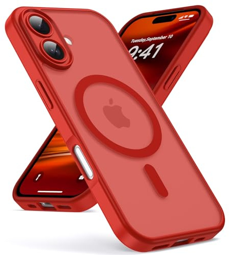Oududianzi - Magnetisch Hülle für iPhone 16 mit Magsafe Case, Bright Red | Durchscheinende Mattierte PC Rückseite TPU Silikon Schutzhülle, Kameraschutz Transluzente Matt Kratzfest Stoßfest Handyhülle