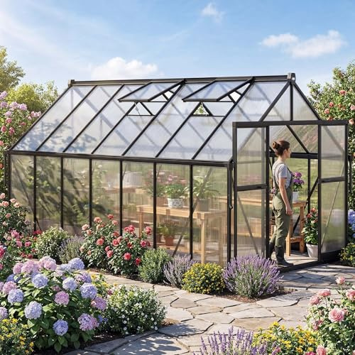 di volio Aluminium Gewächshaus - stabiles Gartenhaus mit Doppelstegplatten, wetterfestes Treibhaus aus Hohlkammerplatten mit regulierbarer Belüftung (429x244x230cm)