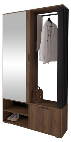 Mirjan24 Garderoben-Set Raldento mit Spiegel (Nuss Warmia + Schwarz) | Praktische Flurgarderobe mit Kleiderstange, Ablagefächern, Schuhschrank und beidseitig montierbarem Spiegelschrank