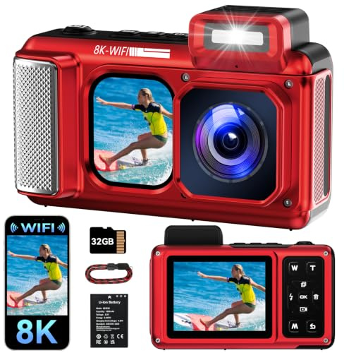 Maxmango V08 Pro 49FT Macchina Fotografica Subacquea - 8K 90MP WiFi Macchina Fotografica Digitale, 2.8'' Touchscreen Robusta Antipolvere Antiurto per Snorkeling, 32GB Fotocamera Digitale, Rosso