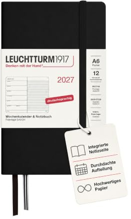 LEUCHTTURM1917 Wochenkalender 2027 Pocket (A6) mit Notizbuch - Terminplaner Deutsch, Schwarz, Januar-Dezember 2027, Wochenübersicht links + Notizseite rechts