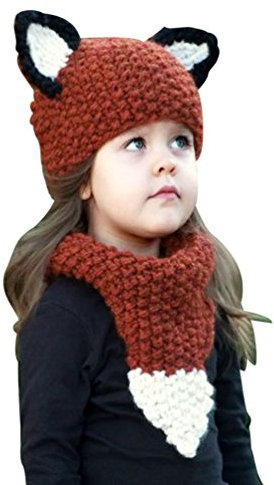 YiLianDa Niedlich Wintermütze Mütze Kapuzenschal Für Mädchen Jungen Kinder Kindhut Fuchs Handgestrickt Kindmütze Kapuze Schal Mützen Hüte