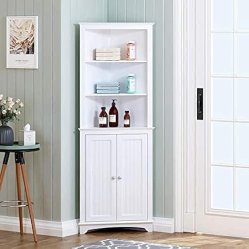 Spirich Hochschrank Eckschrank mit Türen und Regalen, freistehender Eckschrank für Badezimmer, Küche, Wohnzimmer, Weiß