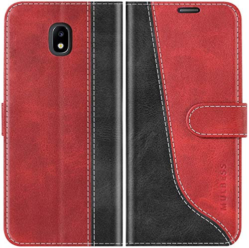 Mulbess für Samsung Galaxy J3 / J3 Duos 2017 Hülle, Handyülle Leder mit Kartenfach, Klapphülle mit Magnetverschluss, Flip Case Etui Handytasche Schutzhülle, Stilvoll Wein Rot