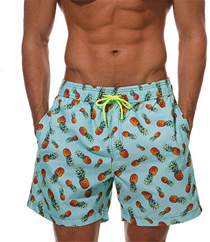 Aisprts Badeshorts Herren Badehose Schwimmhose mit Mesh-Futter & 3 Taschen,T2 Cyan & Ananas,L