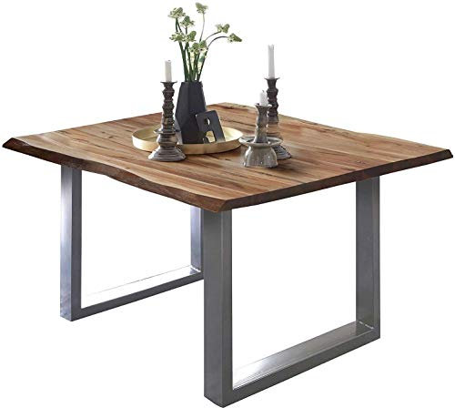 SAM Esszimmertisch 90x90 cm ULM, Baumkantentisch naturfarben, Akazienholz massiv, U-Gestell aus Metall Silber