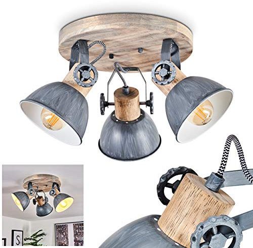 Deckenleuchte Orny, 3-flammige Zimmerlampe aus Holz und Metall in grau-blau, Industrial/Vintage Look Deckenstrahler, Rondell mit 3 x E27, die Leuchtenköpfe sind verstellbar,ohne Leuchtmittel