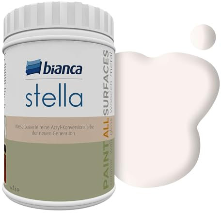 Bianca Stella Möbelfarbe Ohne Schleifen für Küche & Bad, Staubweiß, Glänzend, 1000ml, Wasserbasiert, Möbellack für alle Oberflächen, Holzfarbe, Fliesenfarbe, Metallfarbe & Renovierfarbe