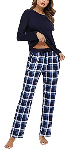 Uniexcosm Pyjama Femme Coton Long Hiver Carreaux Col Ronde Manches Longues avec Poches Latérales Bleu Marine L