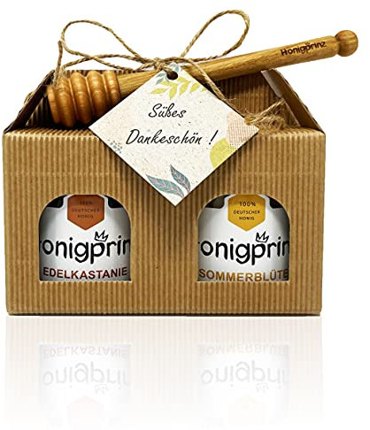 Honig Geschenkset SÜßES DANKESCHÖN mit Honiglöffel aus Buchenholz und Grußkarte - 1x250g Frühtracht cremig und 1x250g Sommerblüte cremig - 100% Deutscher Honig Honigprinz Familien-Imkerei