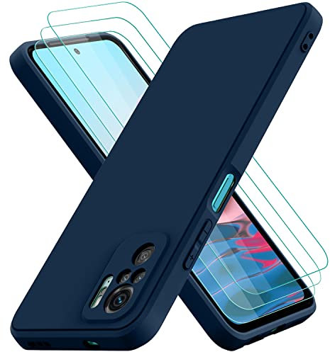 Oureidoo Hülle kompatibel mit Xiaomi Redmi Note 10S/ Note 10 4G, mit 3 Stück Panzerglas Schutzfolie, Handyhülle für Xiaomi Redmi Note 10S/ Note 10 4G Silikon gummiert, Handy Case in Blau