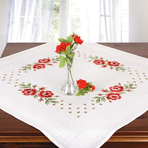 Ernst Schäfer Stickpackung ROTE ROSEN, vorgezeichnetes Kreuzstich Tischdecken Set zum Sticken, Stickset mit Stickvorlage zum Selbersticken, Weiß, 80 x 80 cm