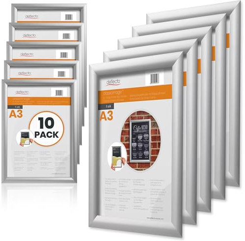 Deflecto Lot de 10 Cadres Affiche Clipsables A3 Muraux - Vitrine Professionnelle Aluminium Argenté - Porte-Documents Élégant pour Bureaux, Magasins, Restaurants & Expositions