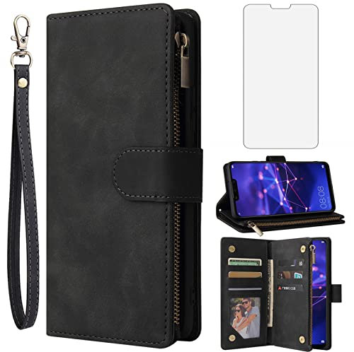 Asuwish Handyhülle für Huawei Mate 20 Lite Hülle mit Folie Schutzfolie und Kartenfach Klappbar Leder Geldbörse Ständer Reißverschluss Hawaii Mate20 20Lite SNE-LX1 Hüllen Schutzhülle Phone Case Schwarz