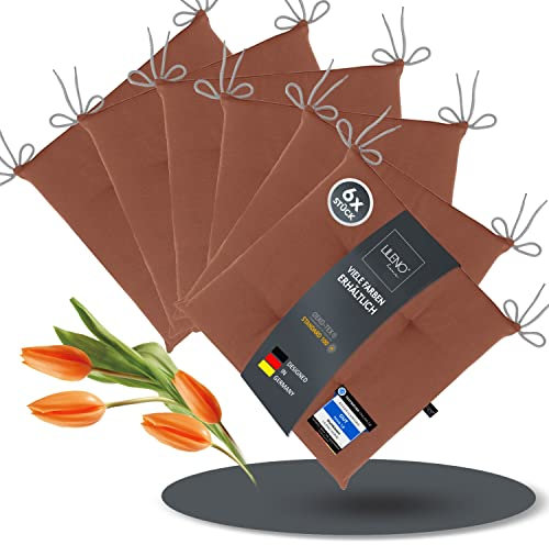 LILENO HOME 6er Set Stuhlkissen Braun (40x40x4,5 cm) - Sitzkissen für Gartenstuhl, Küche oder Esszimmerstuhl - UV-beständige Indoor u. Outdoor Stuhlauflage als Stuhl Kissen (Laura FUM)