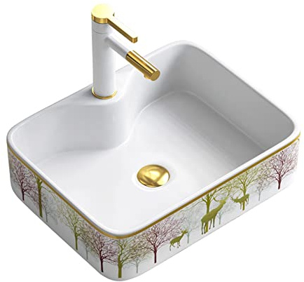 Badezimmerspüle 15,9x11,8 Zoll Badezimmer Gefäßspüle Waschbecken vergoldete dekorative Muster Rechteck Gefäß Waschbecken Dekorative Kunst über Eitelkeit der Zapfen weiße Porzellan Keramik Waschbecken
