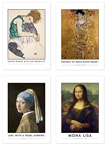 Wee Blue Coo Classic Paintings Schiele Seated Woman Klimt Adele Vermeer Girl Pearl Earring Da Vinci Mona Lisa A4 Poster Pack of 4 Wall Art