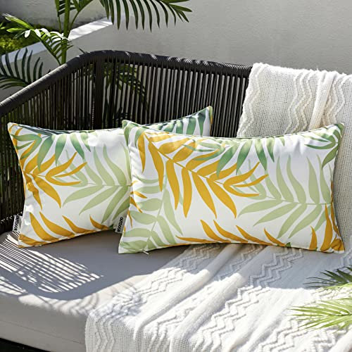 MIULEE Outdoor Kissenbezug Wasserdicht Kissen Wasserfest Dekorative Kissenbezüge Blattmuster Sofakissen Zierkissen Dekokissen für Garten Sofa Couch Wohnzimmer Schlafzimmer 2er Set 30x50 cm Gelbgrün