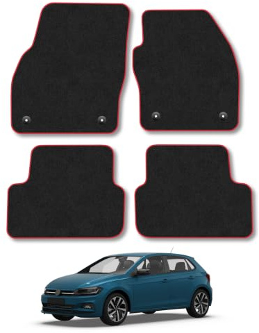 Compatible with VW Polo (2017+) Carpet Car Mats | Red Edge Trim Tailored Fit Floor Mats Full Coverage Protection Accessories Easy Clean Anti Slip Made in the UK