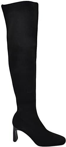 Malu Shoes Stivali alti donna sopra al ginocchio in tessuto nero a punta quadrata tacco 6 cm zip aderente effetto calzino Basic (38 EU)