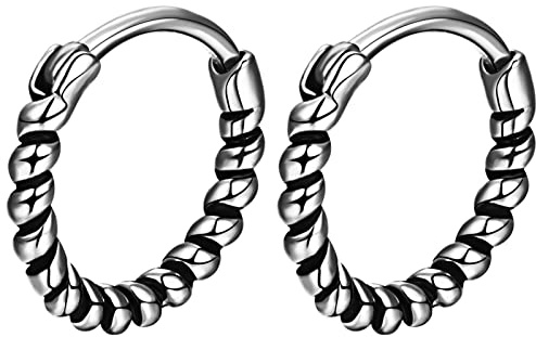 JewelryWe Schmuck Ohrringe Herren Creolen Retro Gothic Reifen Twisted Wellig Rebe Kugel Edelstahl Ohrstecker Ohrhänger Hiphop Punk Silber