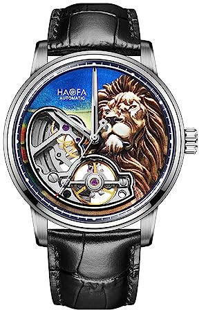 Haofa 3D Löwe Miniaturgravur Herren Mechanische Uhr Hohl Saphir Edelstahl Automatikuhr für Herren Wasserdicht Leuchtend 72H Gangreserve 2265