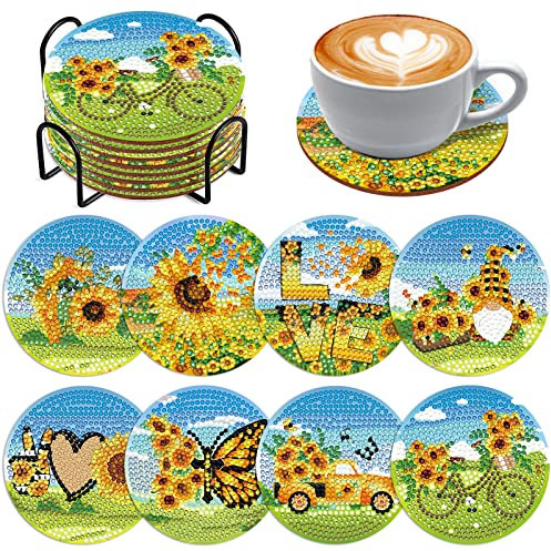 Souarts Blumen Diamond Painting Untersetzer mit Halter, 8PCS DIY Diamant Painting Coasters Sonnenblume Basteln Erwachsene Kinder für Glas Tassen Vasen Kerzen Getränke (Blau Grün)