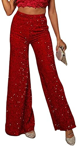 Acrawnni Damen-Hose mit Pailletten, hohe Taille, glitzernde Glockenhose, ausgestellter Glitzer, weites Bein, glänzende Hose, Clubwear, B-Rot, S