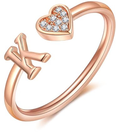 FUNEIA Herz Ring mit Buchstaben Damen Frauen Gold Silber Rosegold Verstellbarer Initiale A-Z Zirkonia Fingerring Stapelring Wasserfest Buchstabering Schmuck Mädchen Geschenkbox