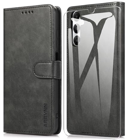 ARRYNN Cover per Samsung Galaxy A15 4G / 5G con Vetro temperato,Portafoglio in Pelle Cover Samsung Galaxy A15 4G,Custodia a Libro Supporto Magnetica Portafoglio - Nero