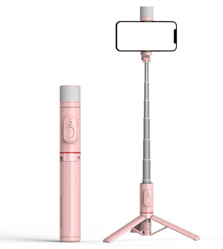 KOMI Selfie Stick Stativ mit Licht - Ausziehbares Telefonstativ mit wiederaufladbarer drahtloser Fernbedienung All-in-one Kompatibel mit iPhone 15 14 pro max, Samsung, Android, iOS (Rosa+Licht1)