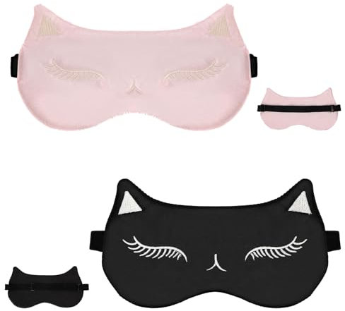 2Pcs Seidene Augenmaske Schlafmaske Katze Augenmaske Nachtmaske Seiden Augenmaske mit Verstellbarem Gummiband für Frauen und Herren