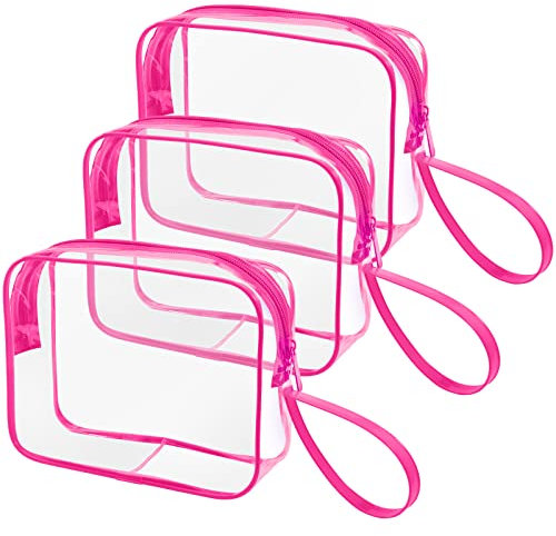 CGBE 3 Stück Kulturbeutel Transparent, Durchsichtige Kosmetiktasche Reise Make-up Tasche, Wasserdicht Kulturtasche Reisebeutel Waschtasche für Damen Herren, Rosarot
