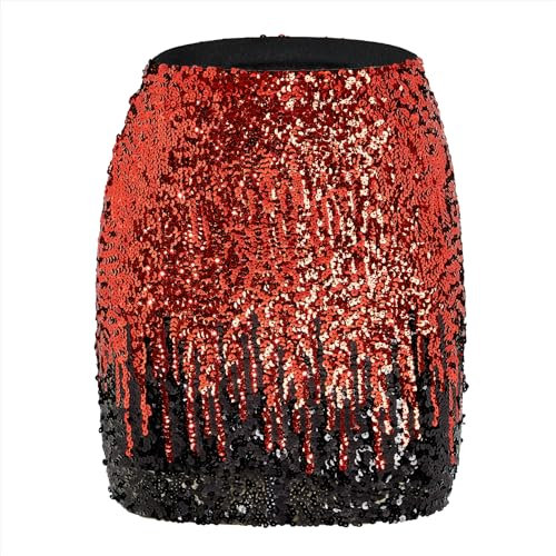 Durio Deutschland Fanartikel Glitzer Rock Kurz Damen Olympische Flaggenfarbe Pailettenrock Für Damen Sexy Midi Skirt Hüftrock Party Rave Outfit Rot/Schwarz XL