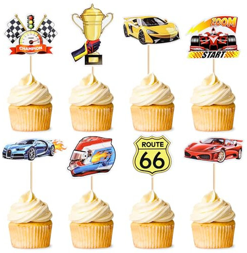 Blumomon 32Pcs Race Car Cupcake Toppers - 8 Styles, Red and Black, Cake Toppers for Race Car, Sports, Boys Birthday Parties
