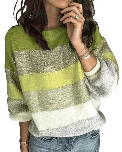 HEYPORK Damen Herbst Winter Warm Bequem Pullover Casual Mode Strickjacke Strickpullover Frauen Pullover Rundhals Mode Persönlichkeit Gestreift Lose Stricken Pullover(D Grün, XL)