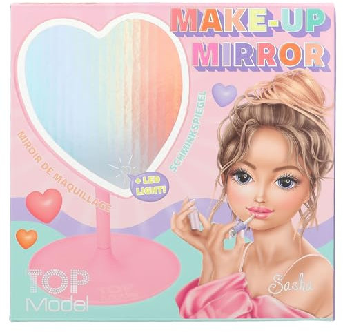 Depesche TopModel 12928 Beauty and Me - Espejo de Maquillaje (Forma de corazón, con Borde de luz LED, Incluye Bandeja para Joyas como Base del Espejo), Color Rosa