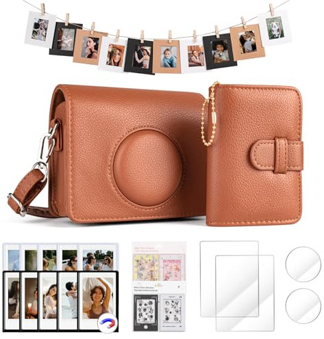 HIYQIN Funda de Cuero y Accesorios Mini EVO, Paquete para Fujifilm Instax Mini EVO, Protector de Pantalla, Álbum de Fotos, Marcos Magnéticos, Marcos Colgantes y Pegatinas - Marrón