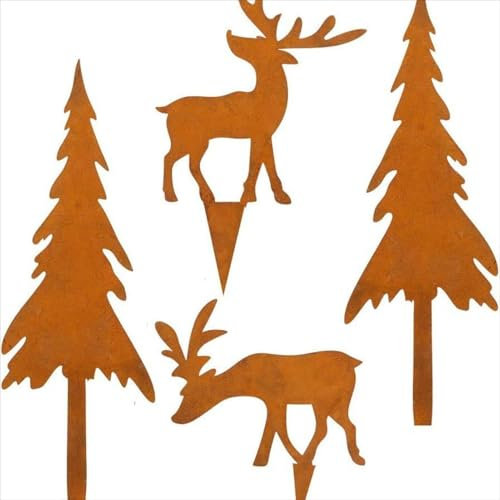 Roststecker Tannenbaum und Elch weihnachtsdeko, 4er Set Metall Rost Deko Weihnachtsbaum Gartenstecker, Herbstdeko Roststecker Weihnachtsdeko für Draußen (Klein/ 4er Set Tannenbaum und Elch)